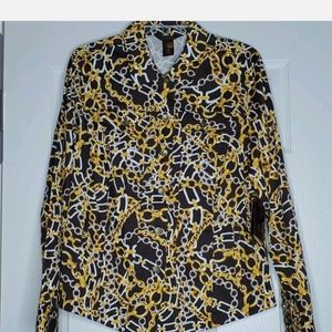 Multiples NWT  shirt jacket shacket gold metal buttons stirrups print cotton Lg.